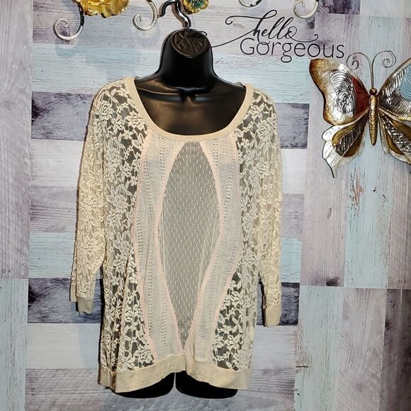 Jolt Sheer Lace Cream Long Sleeve Blouse Patchwork Sz L - Picture 2 of 7